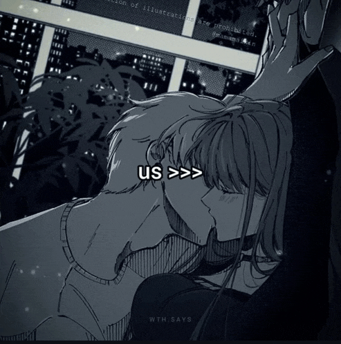 a black and white drawing of a man and a woman kissing with the words us on the bottom