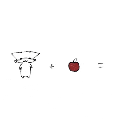 a drawing of a cat , a plus sign and an apple .