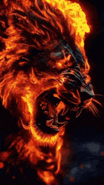 a close up of a lion with flames coming out of it 's mouth