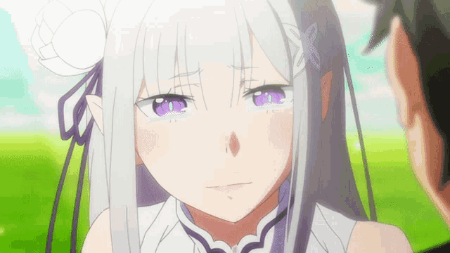a girl with purple eyes and white hair is looking at a man
