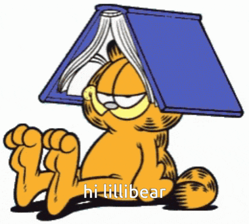 a cartoon of garfield reading a book with the words hi lillibear written below him