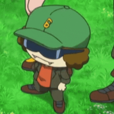 a cartoon character wearing a green hat and sunglasses is walking in the grass .