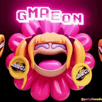 a pink flower with a girl 's face and the word gmreon written above it