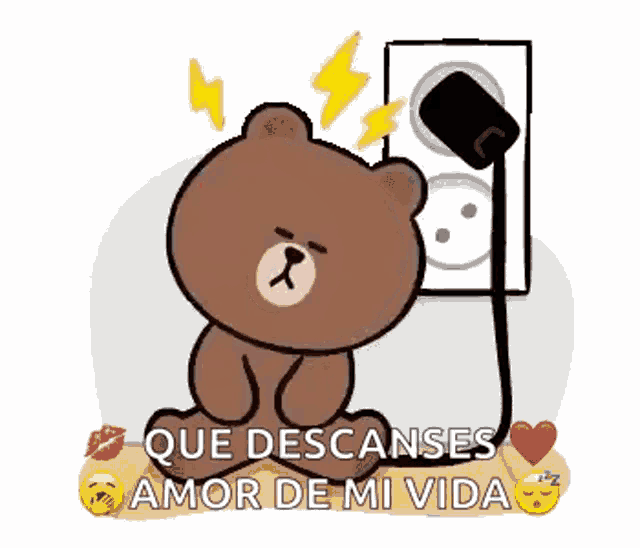 a brown teddy bear is sitting in front of a socket with a lightning bolt coming out of it .
