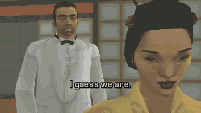 a man in a white tuxedo stands next to a woman in a yellow shirt and says i guess we are