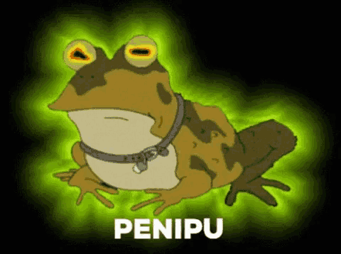 a cartoon frog with a collar and glowing eyes is sitting on a black background .