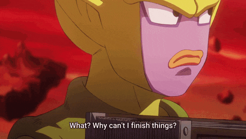 a cartoon character is holding a gun and says " what why can 't i finish things "