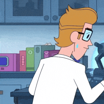 a cartoon of a man looking through a microscope with a bookshelf in the background