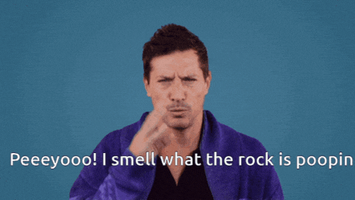 a man in a purple robe is covering his nose while saying " i smell what the rock is poop "
