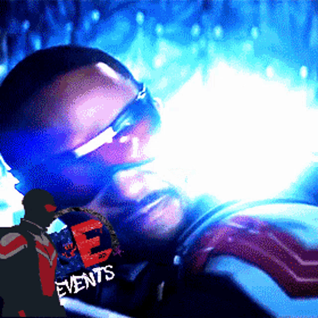 a pixelated image of a man wearing sunglasses and a sticker that says events