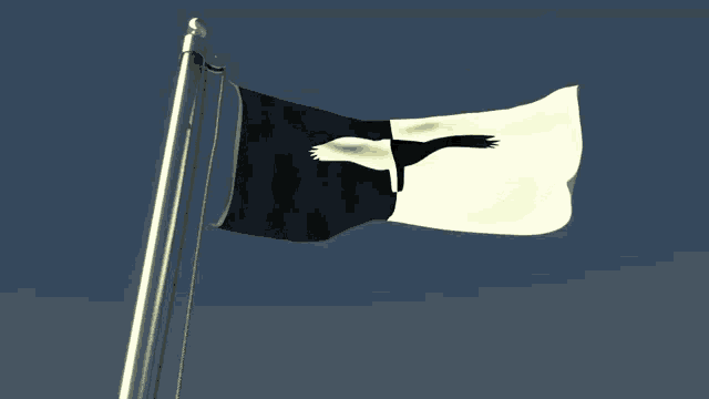 a black and white flag with an eagle on it is flying in the wind