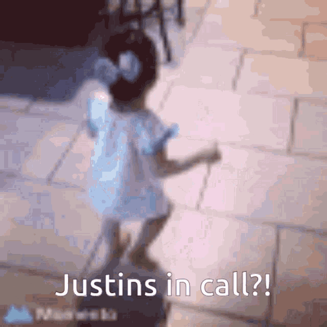 a blurred image of a little girl with the words justins in call written above her