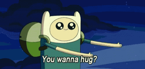 a cartoon character with the words " you wanna hug " on the bottom