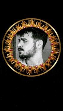 a picture of a man with a beard in a gold frame with arabic writing below it