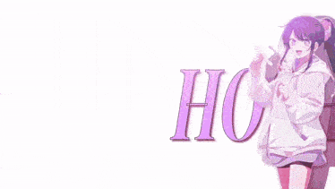 a girl in a pink shirt is standing in front of a black and white background with the word ho on it