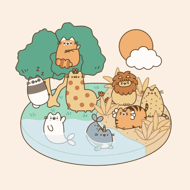 a cartoon drawing of a giraffe a tiger a whale and a sleeping cat