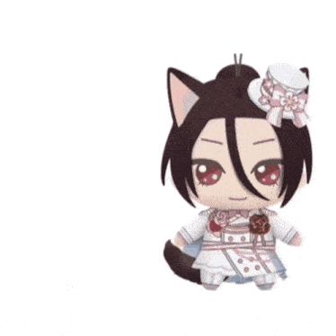 two stuffed animals with cat ears are sitting next to each other on a white background