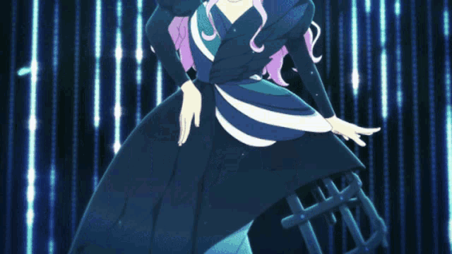 a girl with purple hair is dancing in a dark room