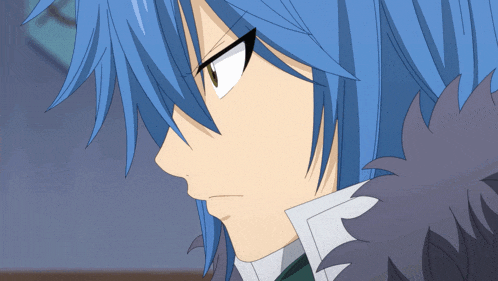 a close up of a person 's face with blue hair and white eyes