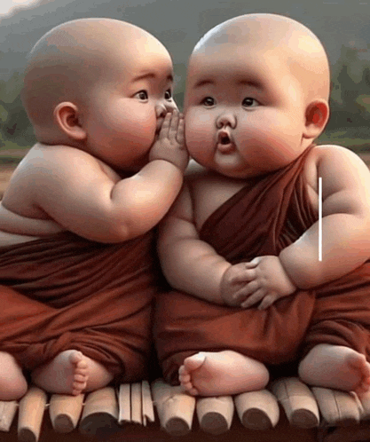 two babies whispering into each other 's ears on a wooden platform