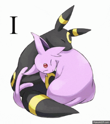 a black and purple pokemon hugging with the letter i above them