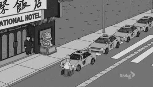 a black and white cartoon shows taxis lined up in front of a hotel