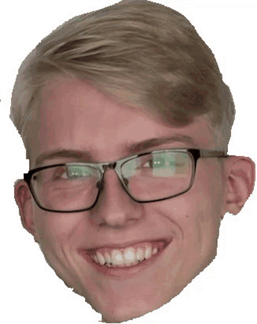 a close up of a young man 's face with glasses and smiling .