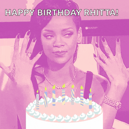a happy birthday rhitta card with a picture of a woman and a cake