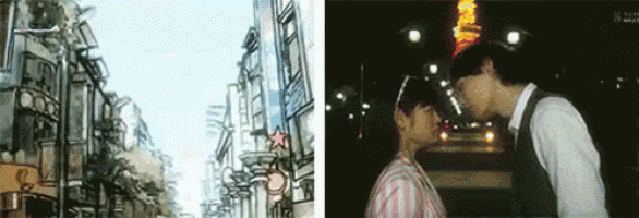 a man and a woman are kissing in front of a building with a sign that says ' tokyo ' on it