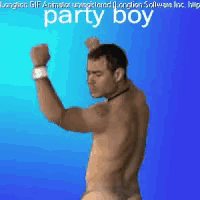 a naked man is dancing in front of a blue background with the words party boy