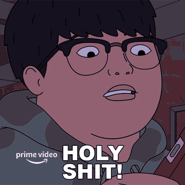 a cartoon of a man with glasses and the words holy shit on the bottom
