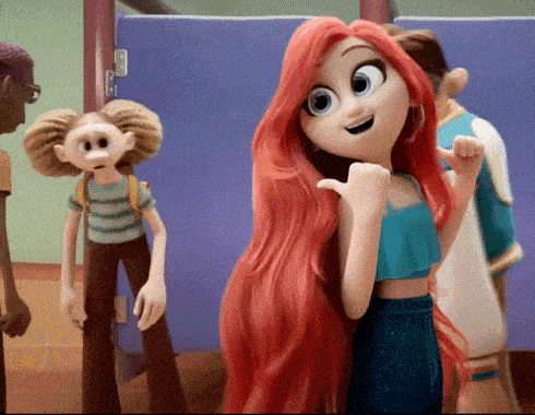a cartoon girl with long red hair is giving a thumbs up