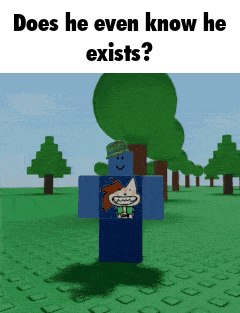 a roblox character is standing in a field with trees in the background