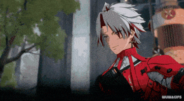 a gif of a man with a red jacket and white hair says www.gifs
