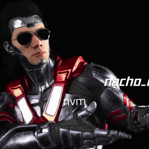 a man in a futuristic suit with sunglasses and the word nacho on the bottom right