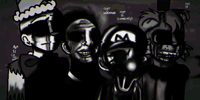 a group of cartoon characters are standing next to each other and one of them is wearing a hat and sunglasses