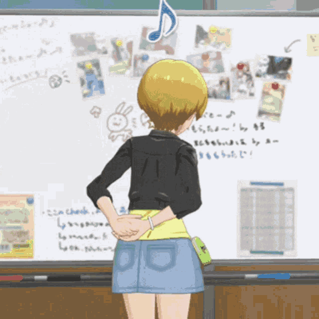 a cartoon girl stands in front of a whiteboard with a bunny on it