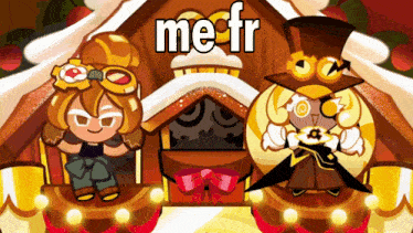 a couple of cookies are sitting in front of a gingerbread house and the words me fr are on the bottom
