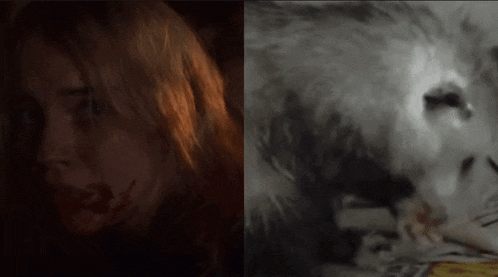 a woman with blood on her face and a black and white photo of an opossum .