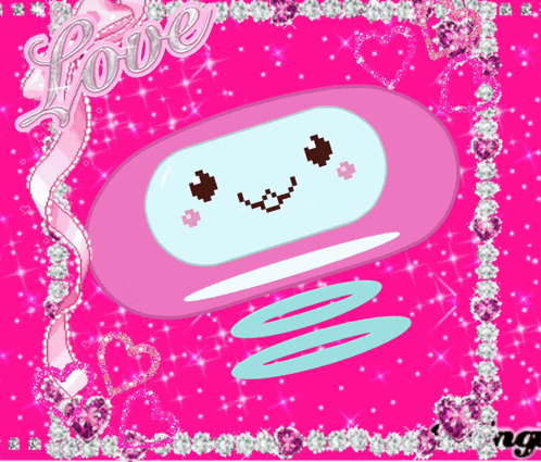 a pink background with a cartoon character and the word love