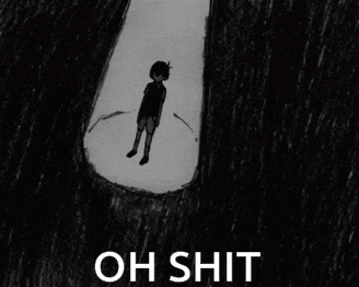 a black and white drawing of a boy covering his face with his hands with the words oh shit written below him