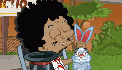 a cartoon of a man holding a rabbit with a comedy central sign behind him