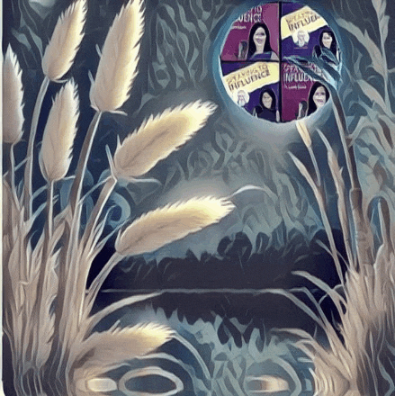 a painting of a field of tall grass with a circle in the middle that says ' vince ' on it