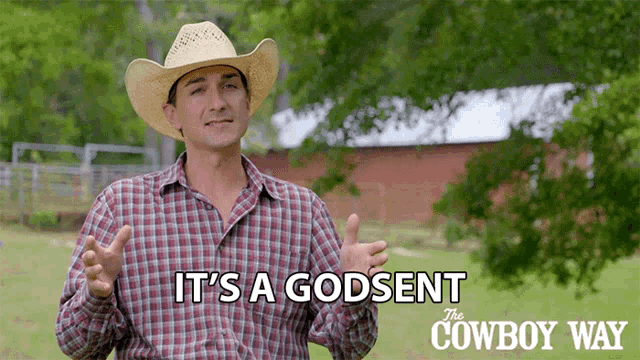 a man wearing a cowboy hat and plaid shirt says it 's a godsent