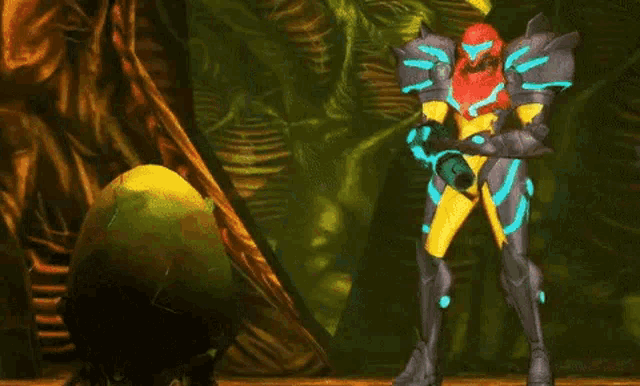 samus is fighting a monster in a video game while holding a blue beam .