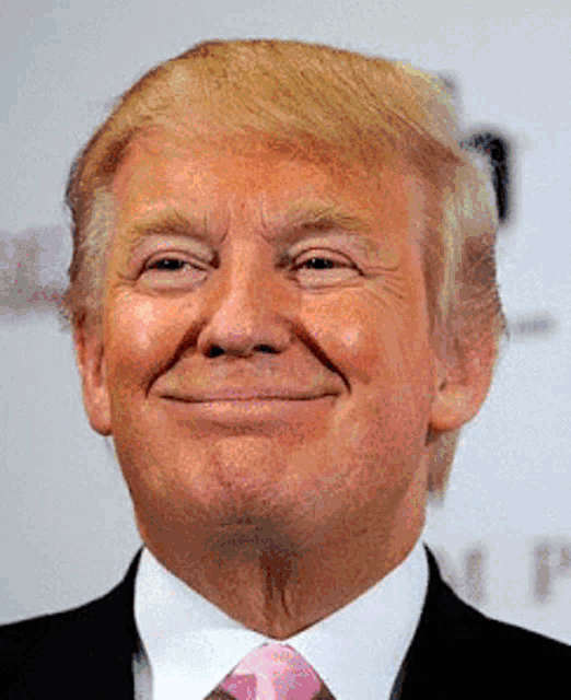 donald trump wearing a suit and pink tie smiles for the camera