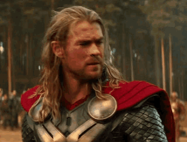 a man with long hair and a beard is standing in a forest wearing armor and a red cape .