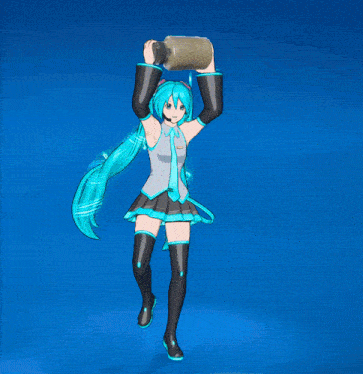hatsune miku holding a bottle on her head