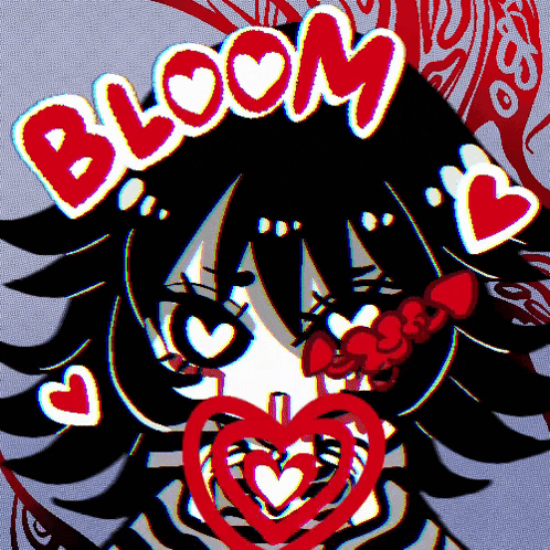 a girl with a heart in her mouth and the word bloom above her head