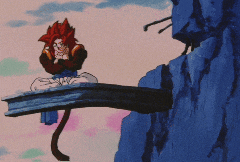 a cartoon character with red hair is sitting on a blue railing